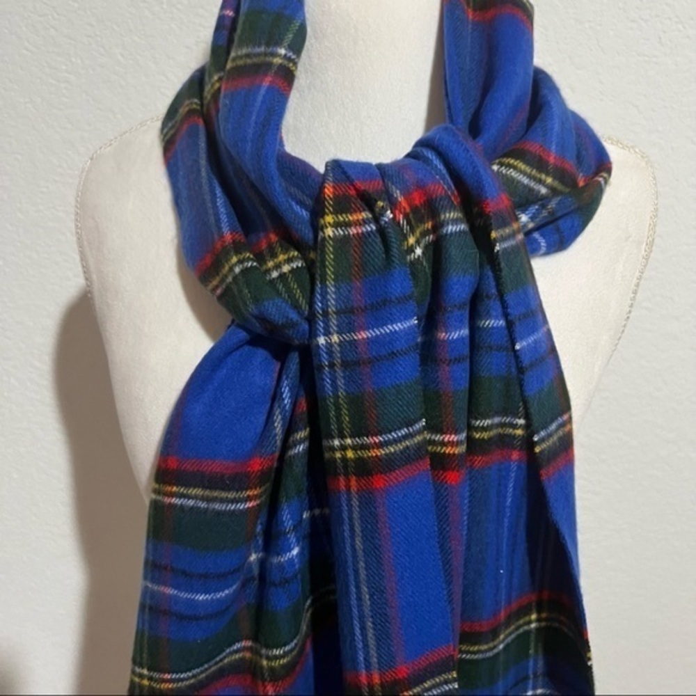 Blue Plaid Tartan Fleece Scarf Extra Long Tassels Fringe Unisex